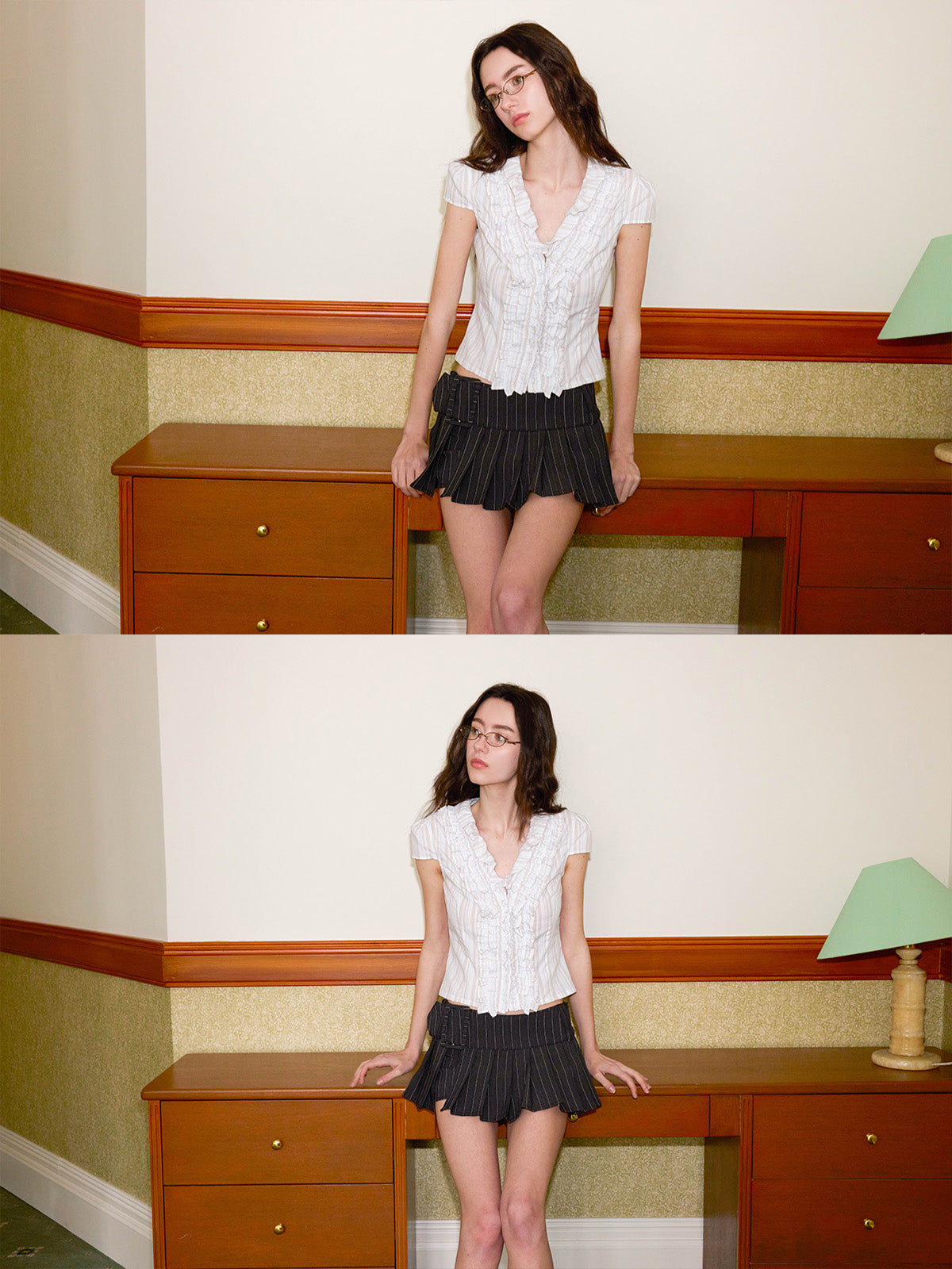 STRIPED RUFFLE SHORT SLEEVE SHIRT